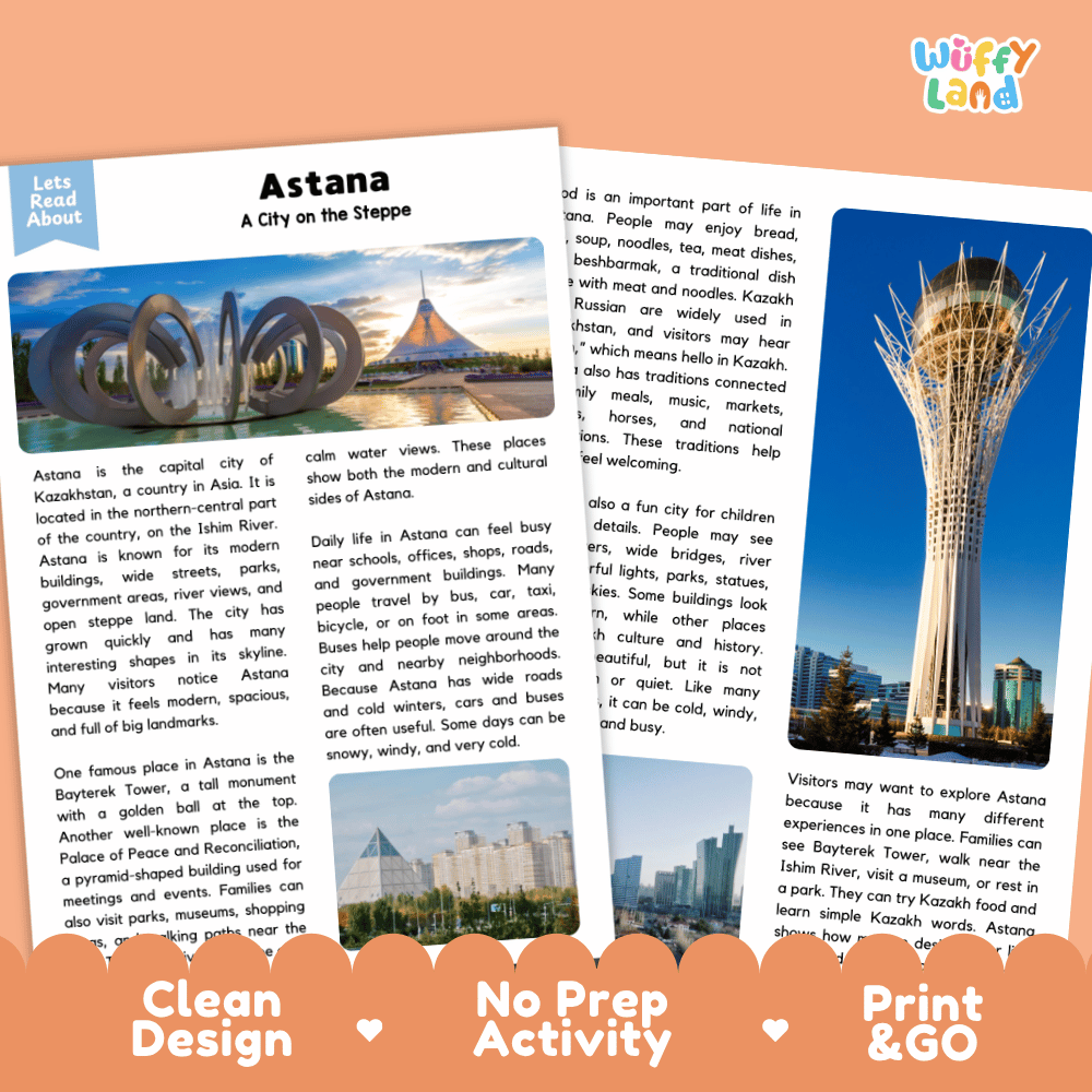 Reference sheet and answer key for Astana landmark reading passage displaying completed comprehension answers and Central Asian geography facts