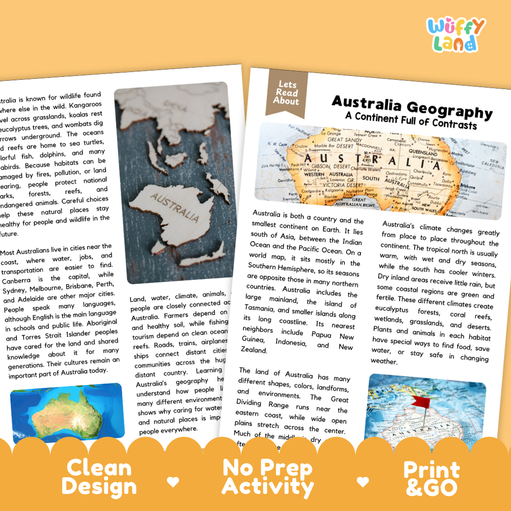 Teacher answer key page showing complete question solutions for Australia geography social studies reading comprehension practice