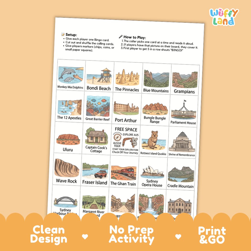 Australian Landmarks Geography BINGO Games Printable Elementary Activity Cards