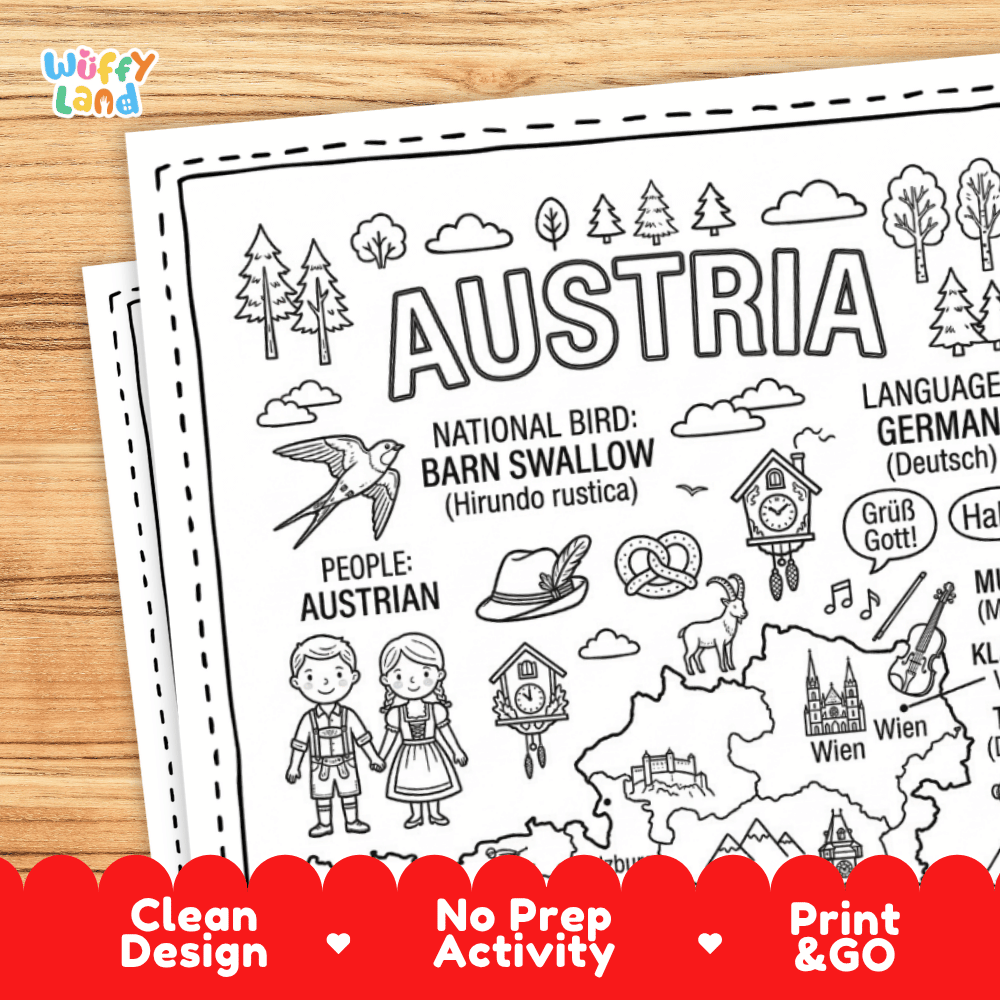 Cultural coloring page featuring traditional Austrian dirndl attire, classical music, pretzels, cuckoo clock, and German greetings