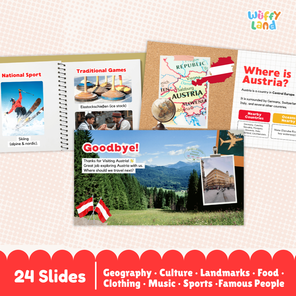 A children's educational slide set titled 'Wuffy Land' showing several sample slides about Austria, including a sports slide, traditional games slide, map slide, 'Where is Austria?' slide, a landscape slide with flags, and a red banner at the bottom reading '24 Slides' with subject categories.