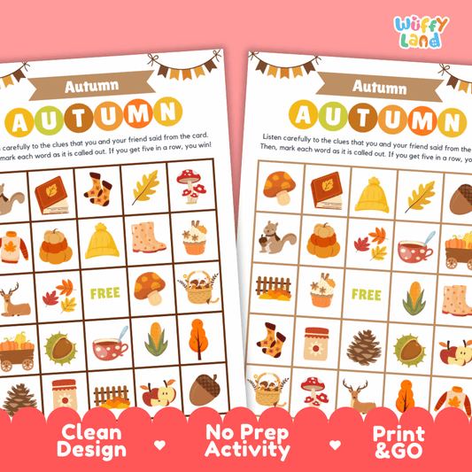 Autumn Bingo Game Cards and Calling Cards Activity Worksheets