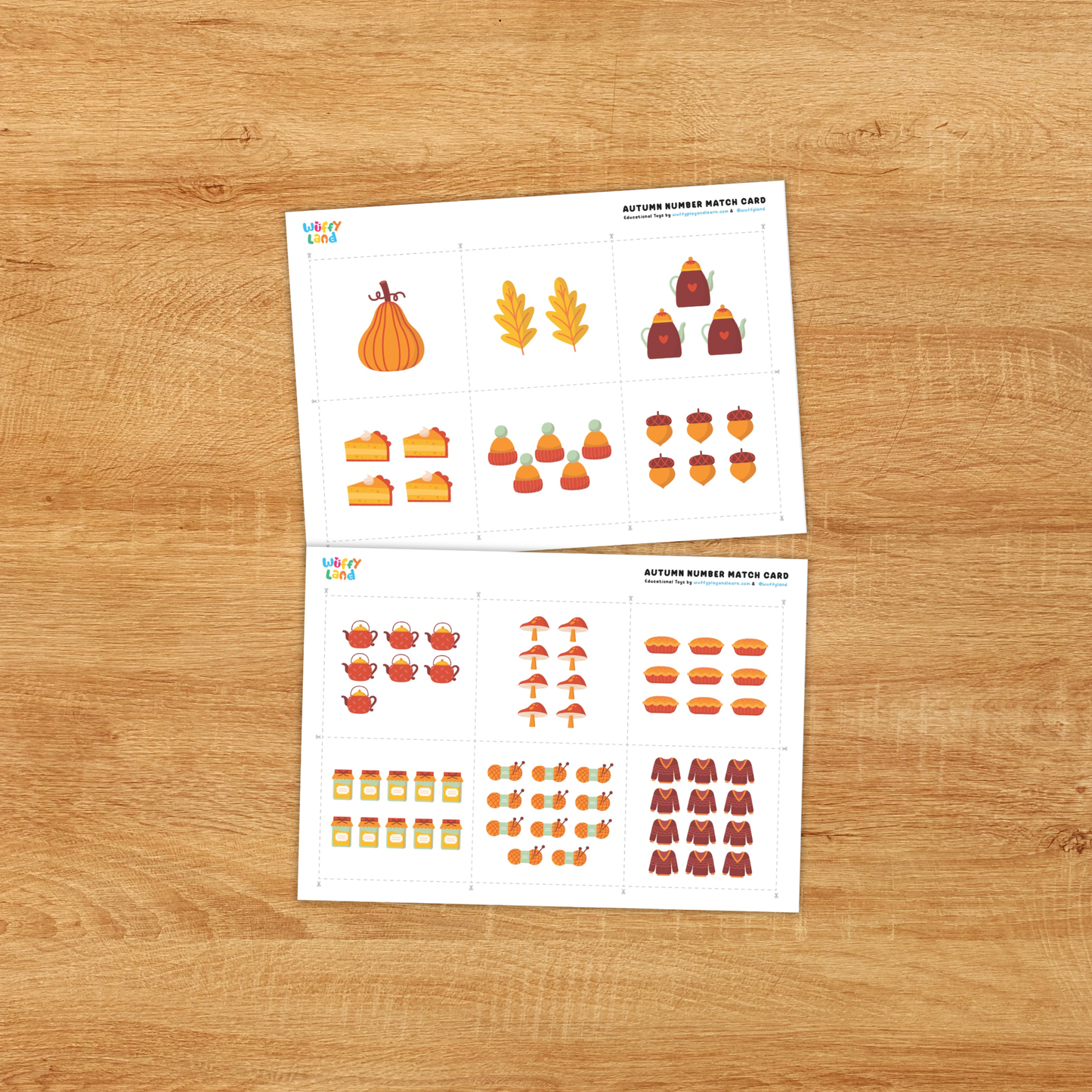 A set of autumn-themed number matching cards displayed on a wooden background. The top row shows number cards labeled 1, 3, 4, and 9, while the bottom row features matching image cards with fall items like pumpkins, teapots, slices of pie, and mini pies in corresponding quantities. Designed for preschool and kindergarten math practice.
