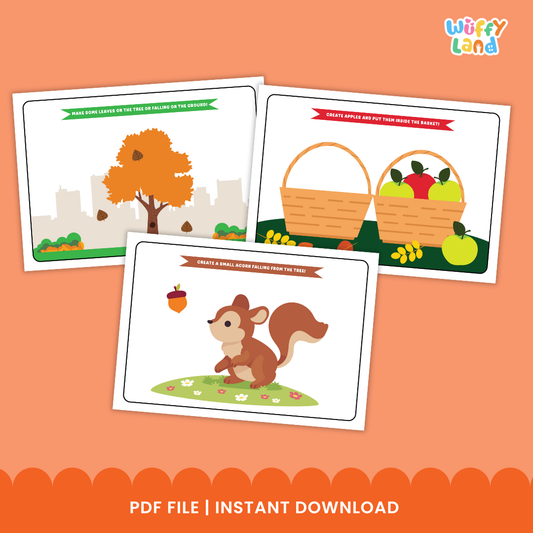 A set of six printable autumn-themed playdough mats. Each mat features colorful illustrations such as a pumpkin, a tree with falling leaves, baskets of apples, a cozy animal holding a leaf, logs near a campfire, and a bare branch for decorating. The mats include creative prompts like "Create apples and put them into the basket" and "Make some leaves for the tree."
