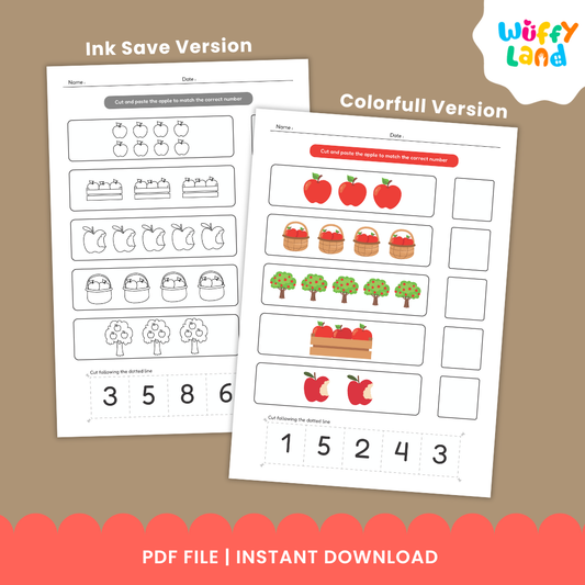 Set of fall-themed counting worksheets featuring rows of apples, baskets, crates, and apple trees. Children cut out numbers 1–10 and paste them to match the quantities; includes colorful and black-and-white versions on a light wood background with “Colorfull & Coloring Version” label.