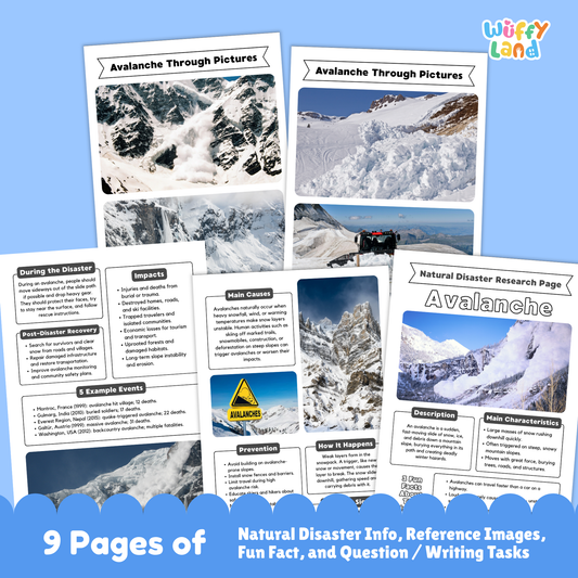 Printable avalanche research project resource for students featuring a main avalanche information page, snow avalanche photos, characteristics and description sections, causes and prevention worksheets, impacts and recovery pages, and structured research templates designed for elementary and middle school learners.