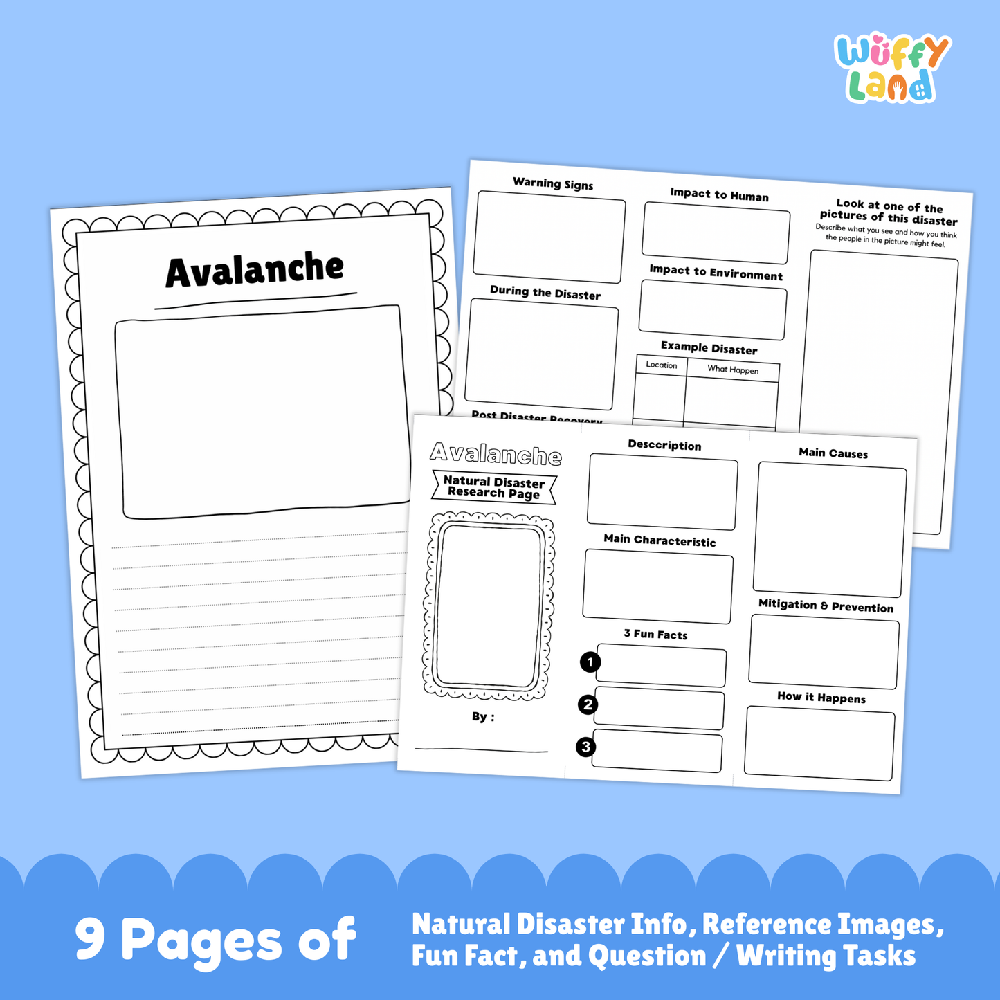 Printable avalanche research project resource for students featuring a main avalanche information page, snow avalanche photos, characteristics and description sections, causes and prevention worksheets, impacts and recovery pages, and structured research templates designed for elementary and middle school learners.