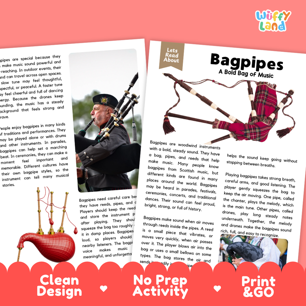 Teacher answer key page showing complete question solutions for Bagpipes music education reading comprehension practice