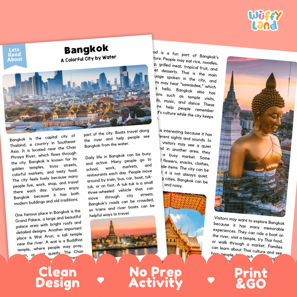 Reference sheet and answer key for Bangkok landmark reading passage displaying completed comprehension answers and Southeast Asian geography facts