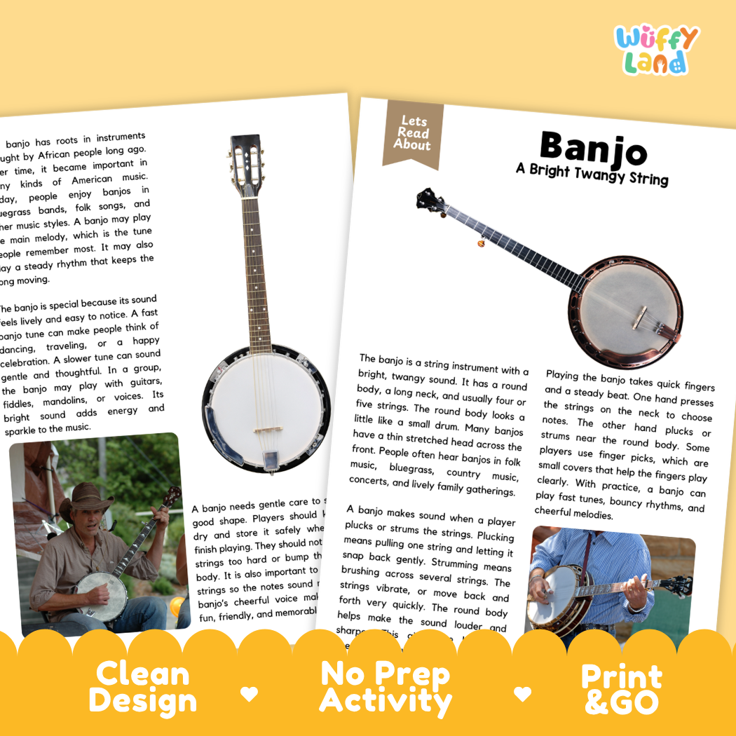 Teacher answer key page showing complete question solutions for Banjo music education reading comprehension practice