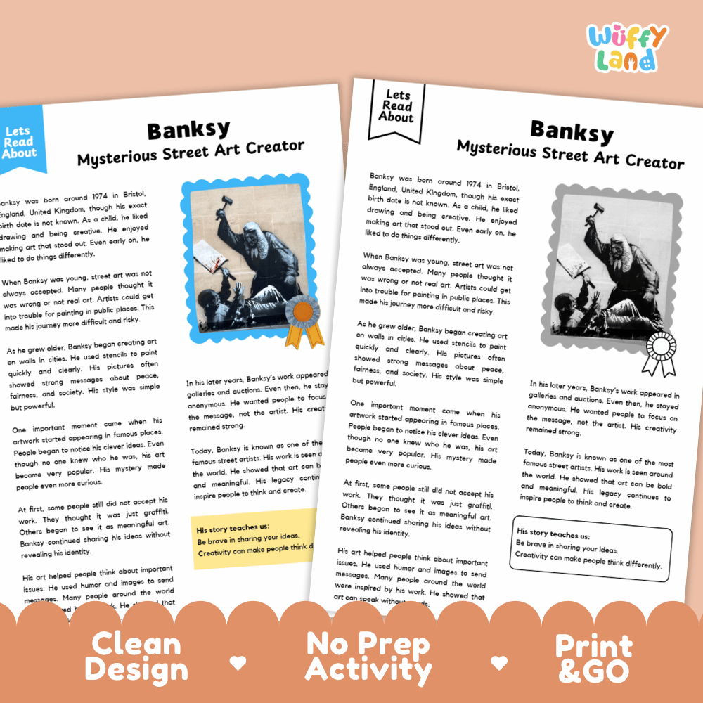 Banksy art history reading comprehension activity with biography passage, questions and writing practice for classroom and homeschool learning