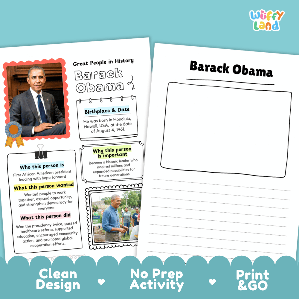Two printable educational worksheet pages for learning about Barack Obama, shown on a light blue background with decorative scalloped borders and the brand name 'Wiffly Land' at the top right.
