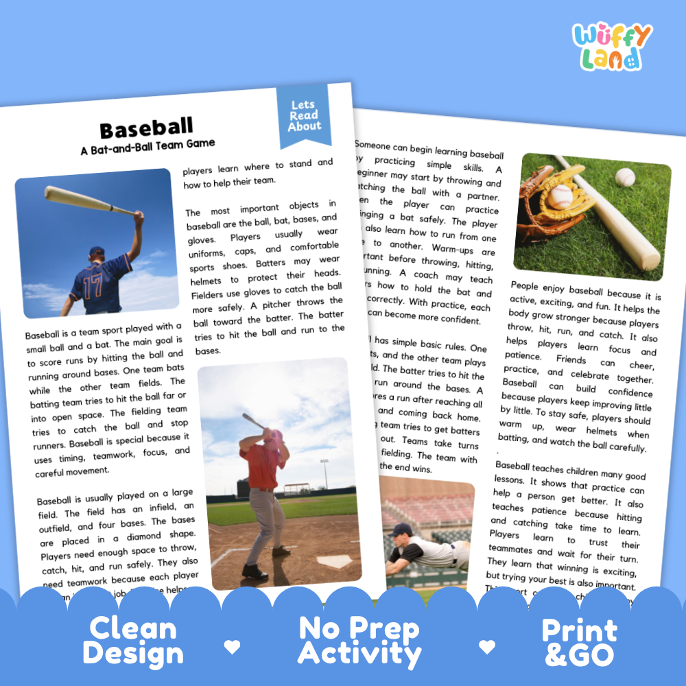 Baseball Sports Reading Passages and Comprehension Questions Worksheets