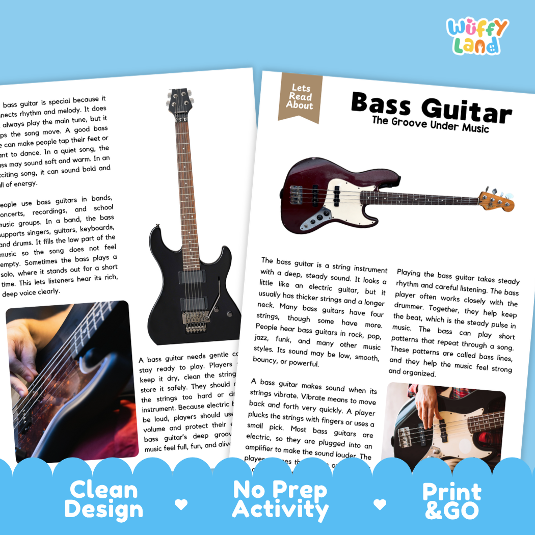 Teacher answer key page showing complete question solutions for Bass Guitar music education reading comprehension practice