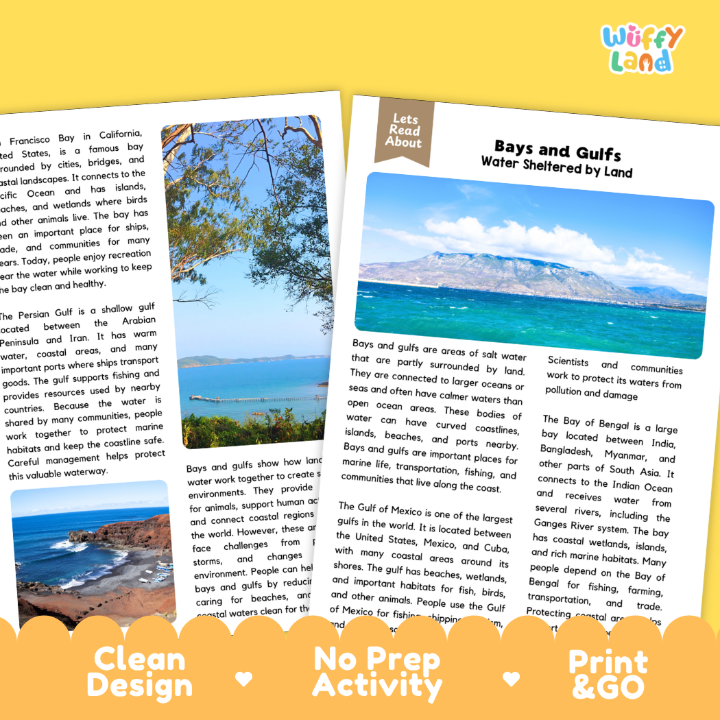 Teacher answer key page showing complete question solutions for Bays and Gulfs geography and Earth science reading comprehension practice