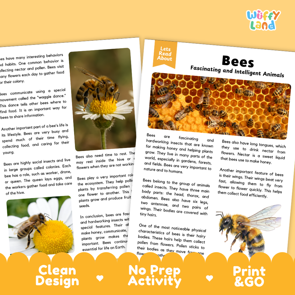 An educational activity sheet titled 'Bees Fascinating and Intelligent' from the brand 'Wuffly Land'. The page features a honeycomb pattern at the top, a photograph of bees on the left, and text explaining bee behaviors on the right, with a blue 'Print & Go' banner at the bottom.