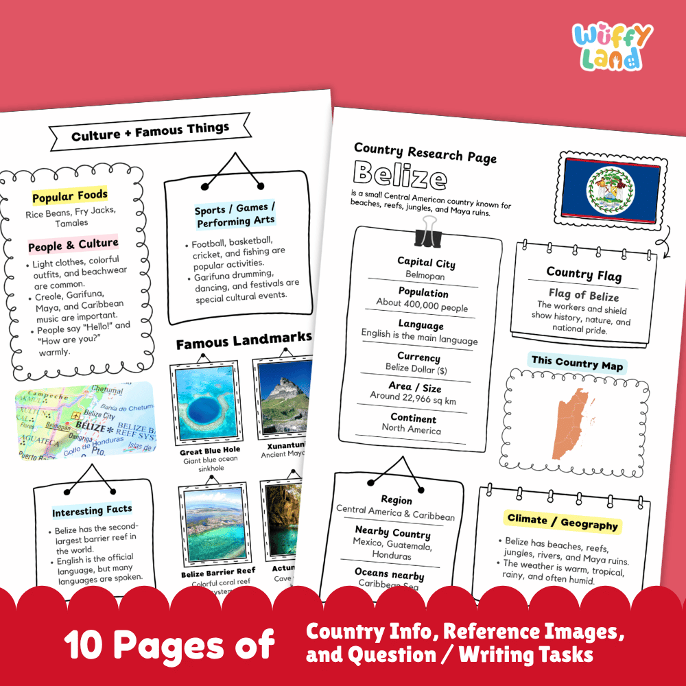 Belize Country Research Project Worksheets and Activity Pages
