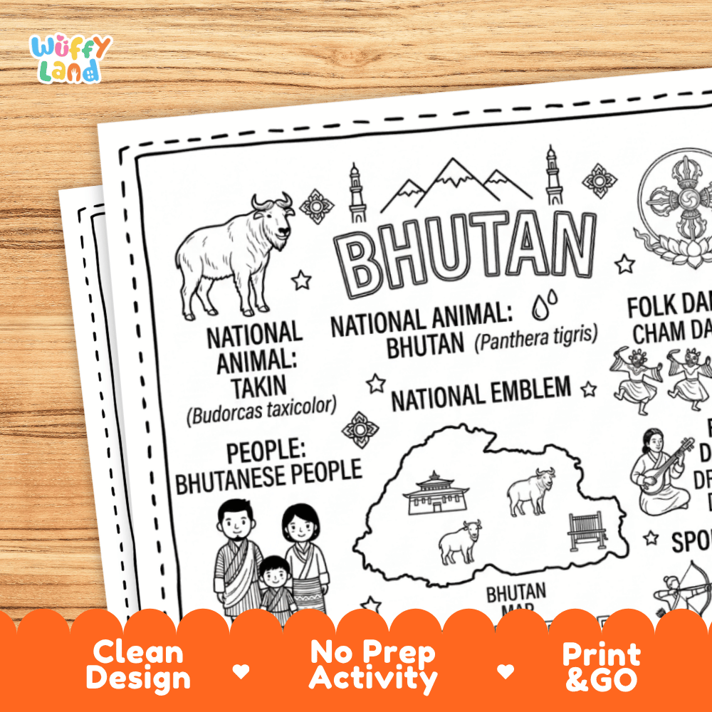 Cultural coloring page featuring traditional Bhutanese Gho and Kira attire, Cham masked dance, archery, and Dezo papermaking