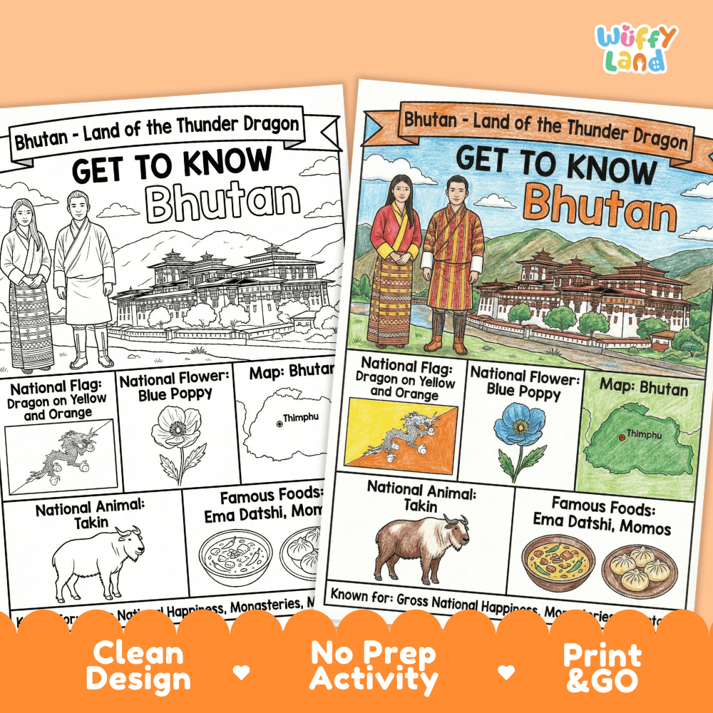 Bhutan Geography Coloring Poster | Country Study Research Activity and Worksheet
