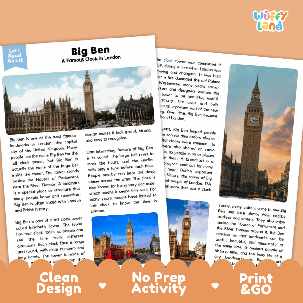 Big Ben Landmark Reading Passages and Comprehension Worksheets