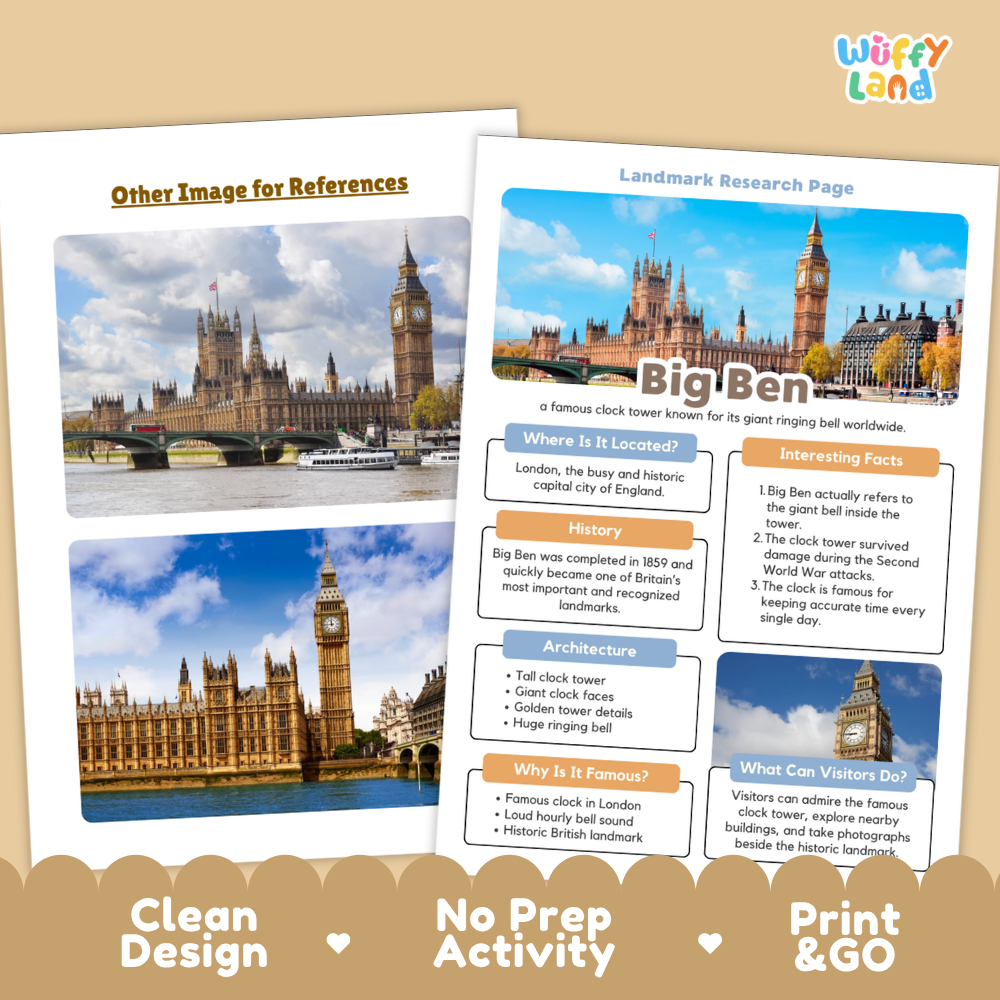 Two printed activity sheets for a Big Ben landmark research page activity, shown on a beige background with a brown footer banner. The sheets feature photos of Big Ben and London landmarks, text sections, and colorful headers.