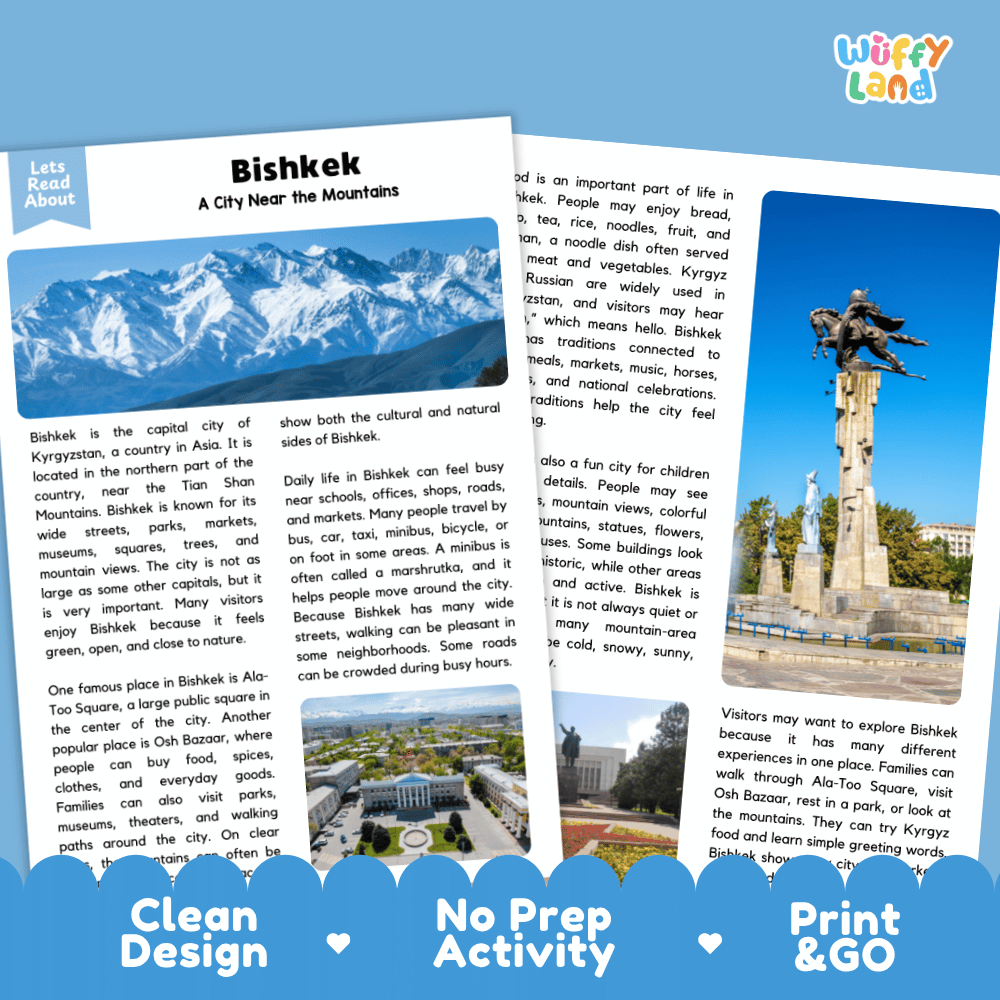 Reference sheet and answer key for Bishkek landmark reading passage displaying completed comprehension answers and Central Asian mountain geography facts