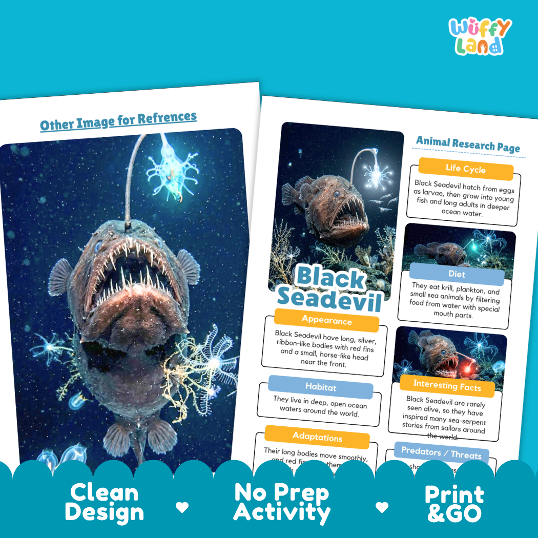 Two children's activity book pages about a black seadevil displayed on a light gray background with blue decorative banners at the bottom. The pages show colorful text sections, a life cycle diagram, habitat, appearance, and interesting facts, with a large illustration of a black seadevil on the left page.