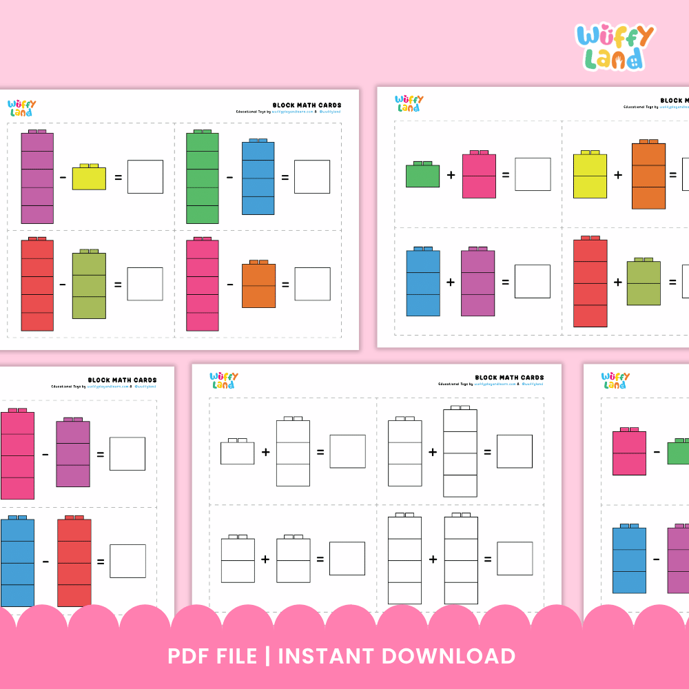 Block addition and subtraction math worksheets printable pack overview from Wuffy Land featuring colorful and line art building block cards 🧱🔢