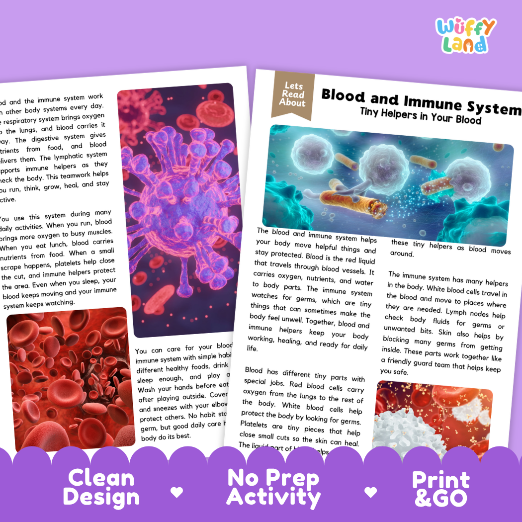 Teacher answer key page showing complete question solutions for Blood and Immune System human body reading comprehension practice