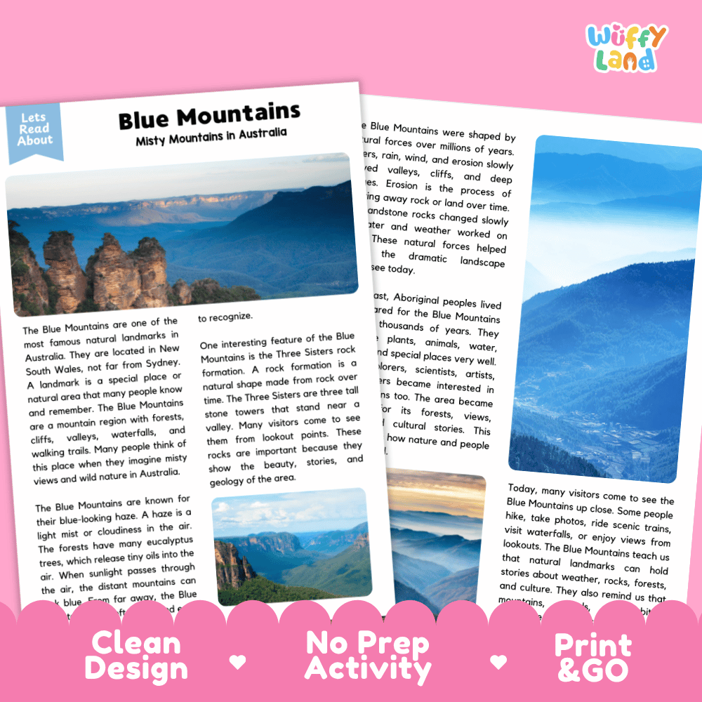Reference sheet and answer key for Blue Mountains landmark reading passage displaying completed comprehension answers and Australian geography facts