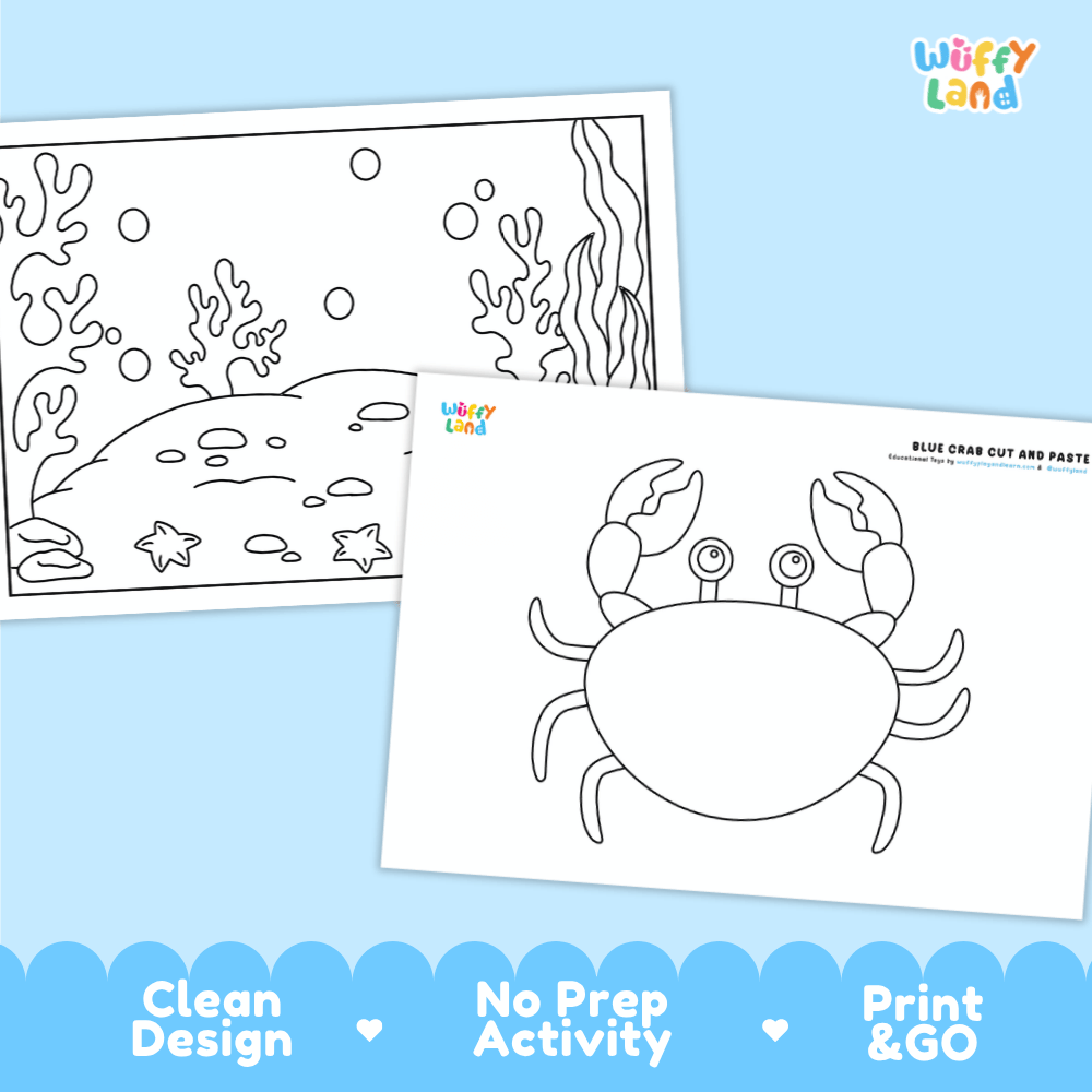 Blue Crab Cut and Paste Craft and Coloring Activity Worksheets