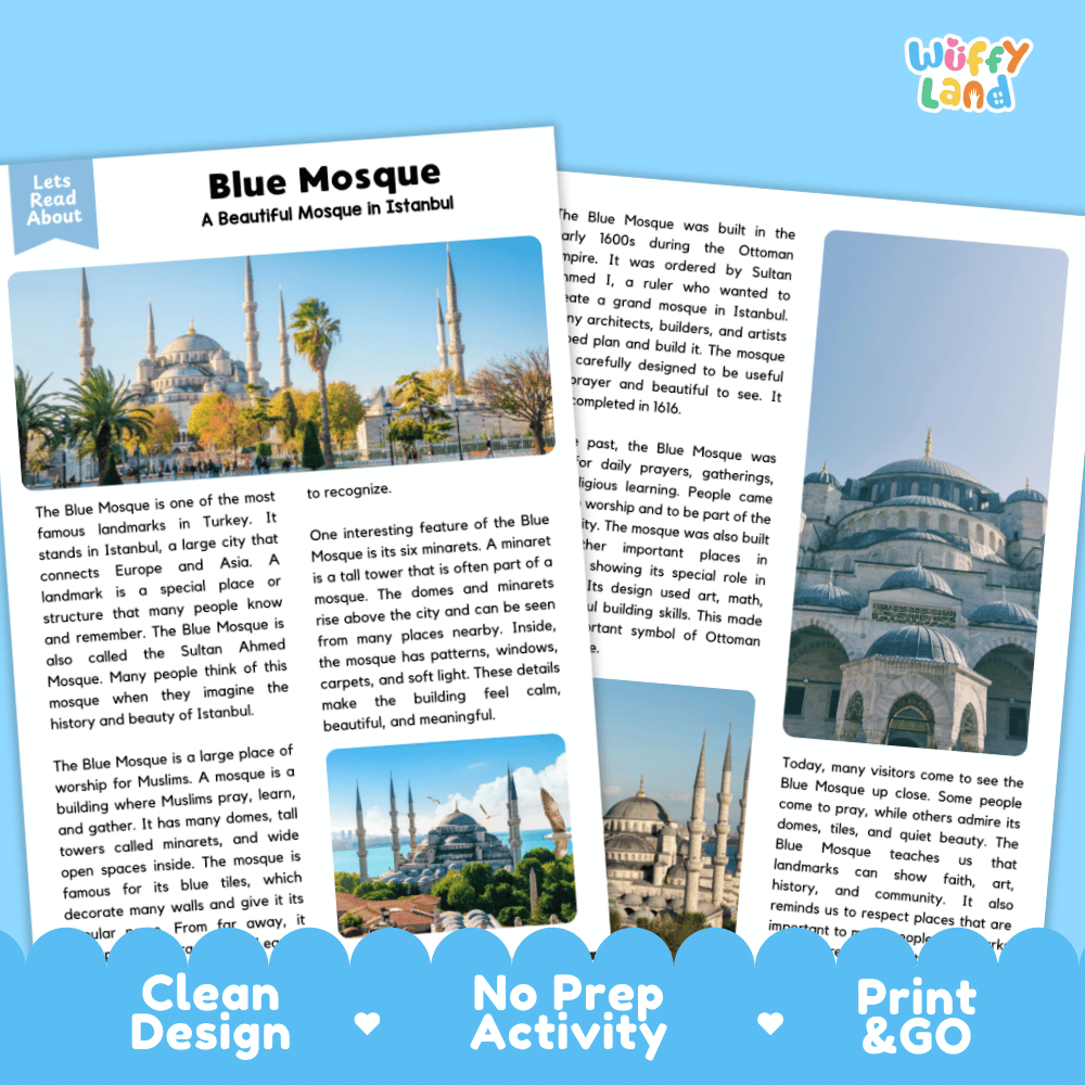 Blue Mosque Landmark Reading Passages and Comprehension Worksheets
