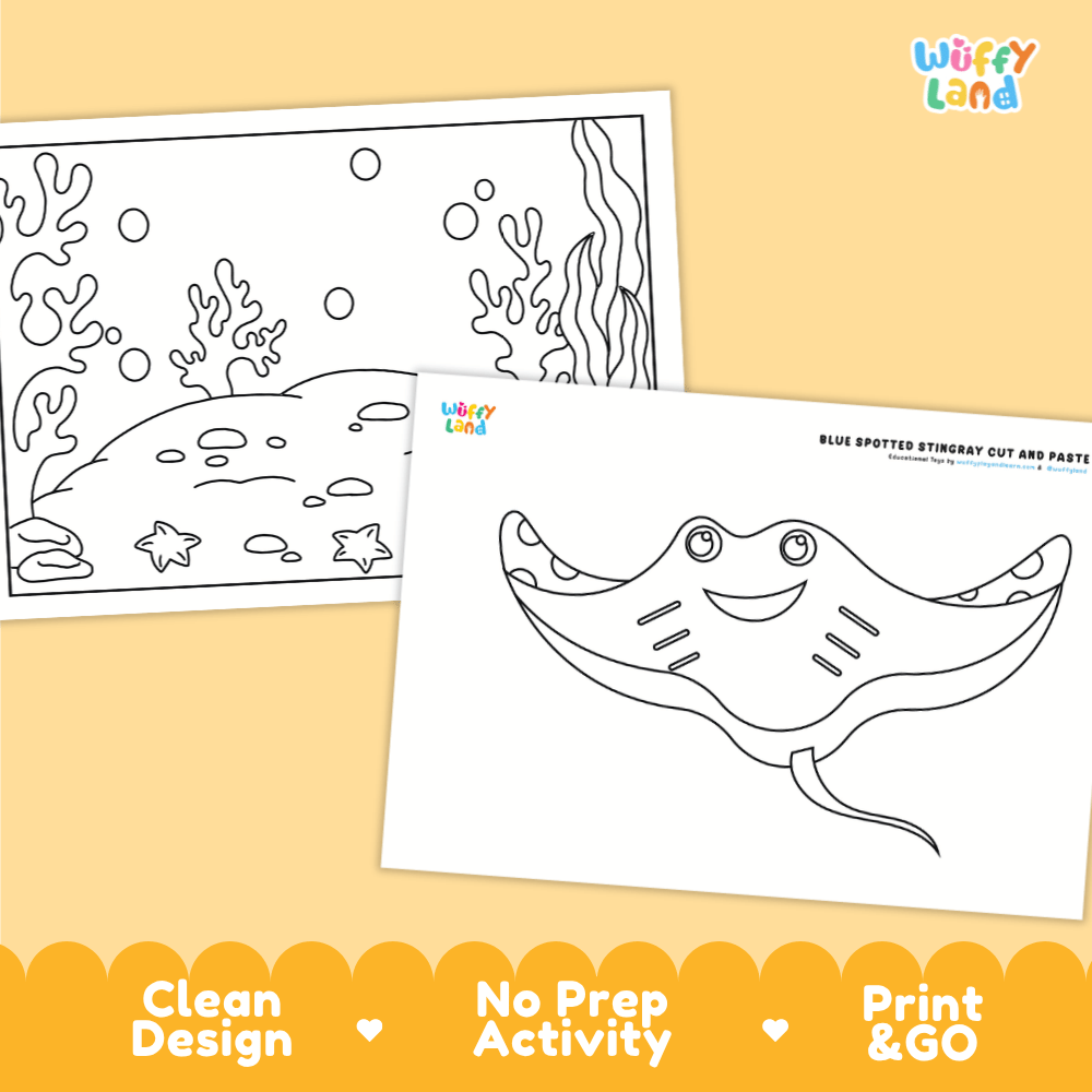 Blue Spotted Stingray Cut and Paste Craft and Coloring Activity Worksheets