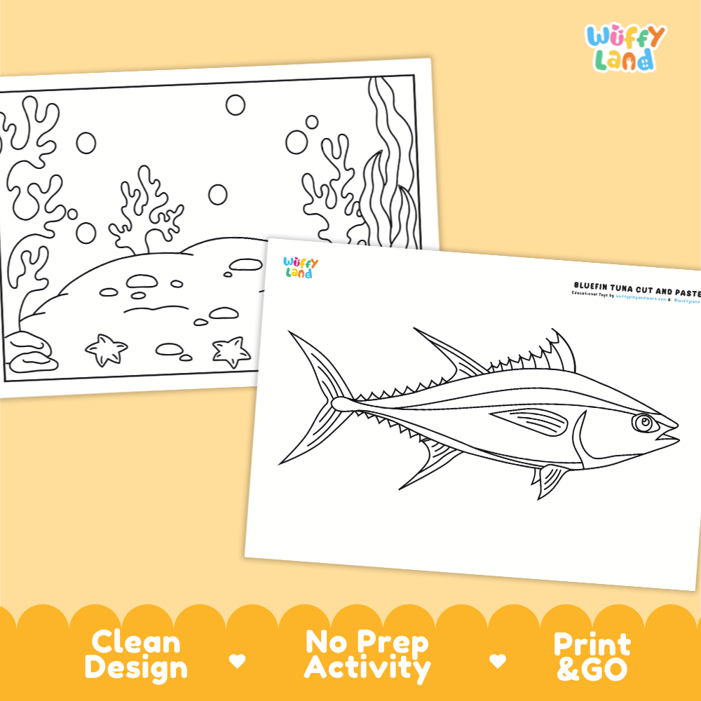 Bluefin Tuna Cut and Paste Craft and Coloring Pages Activity Worksheets