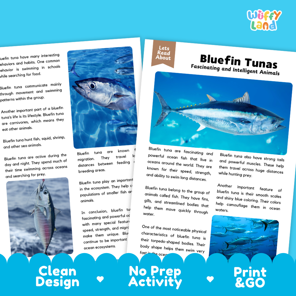A children's educational activity sheet titled 'Bluefin Tunas Fascinating and Intelligent Animals' from the brand 'Wuffly Land'. The sheet features a blue background with text, illustrations of bluefin tuna, and a small photo of live bluefin tuna.