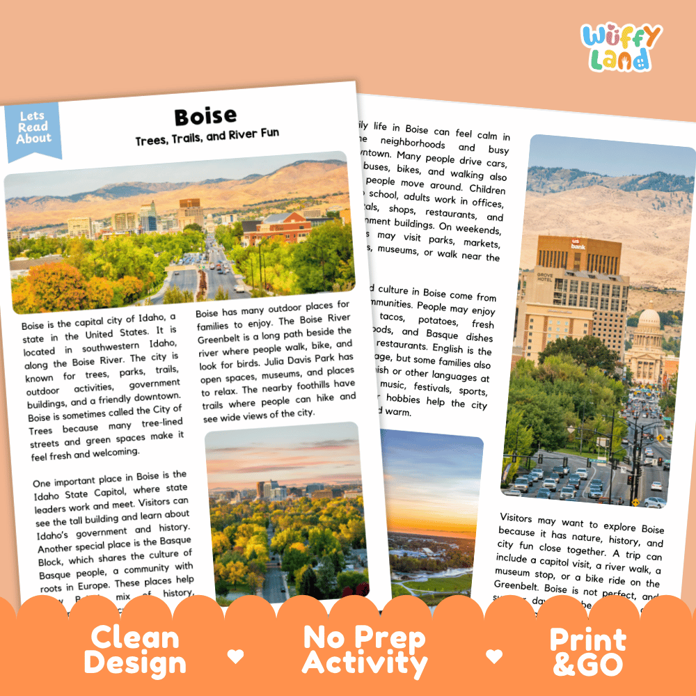 Reference sheet and answer key for Boise landmark reading passage displaying completed comprehension answers and United States geography facts