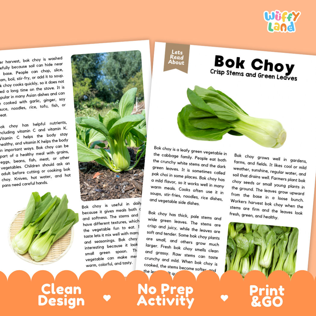 Teacher answer key page showing complete question solutions for bok choy reading comprehension practice