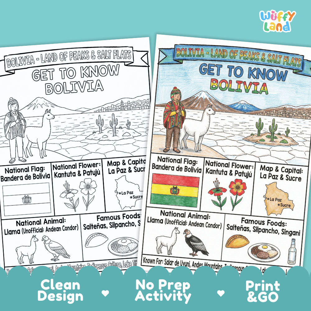 Bolivia Geography Coloring Poster and Fact Sheet Printables