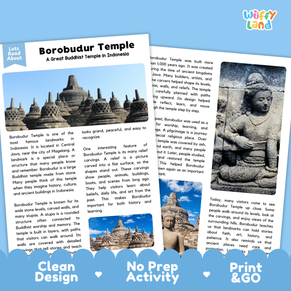 Borobudur Temple Landmark Reading Passage and Comprehension Worksheets