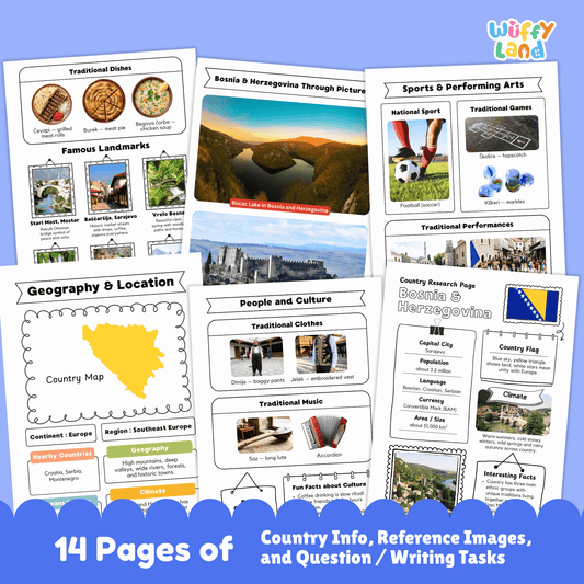 A country research project worksheet about Bosnia & Herzegovina, detailing its capital city (Sarajevo), population, language, currency, and area. The page includes the country’s flag, a country map, traditional clothes, music, and national sports. It also features landmarks, famous dishes, and interesting facts about the country, including its climate and the unique traditions of its ethnic groups. The resource is designed for educational purposes to learn about Bosnia & Herzegovina’s geography and culture.