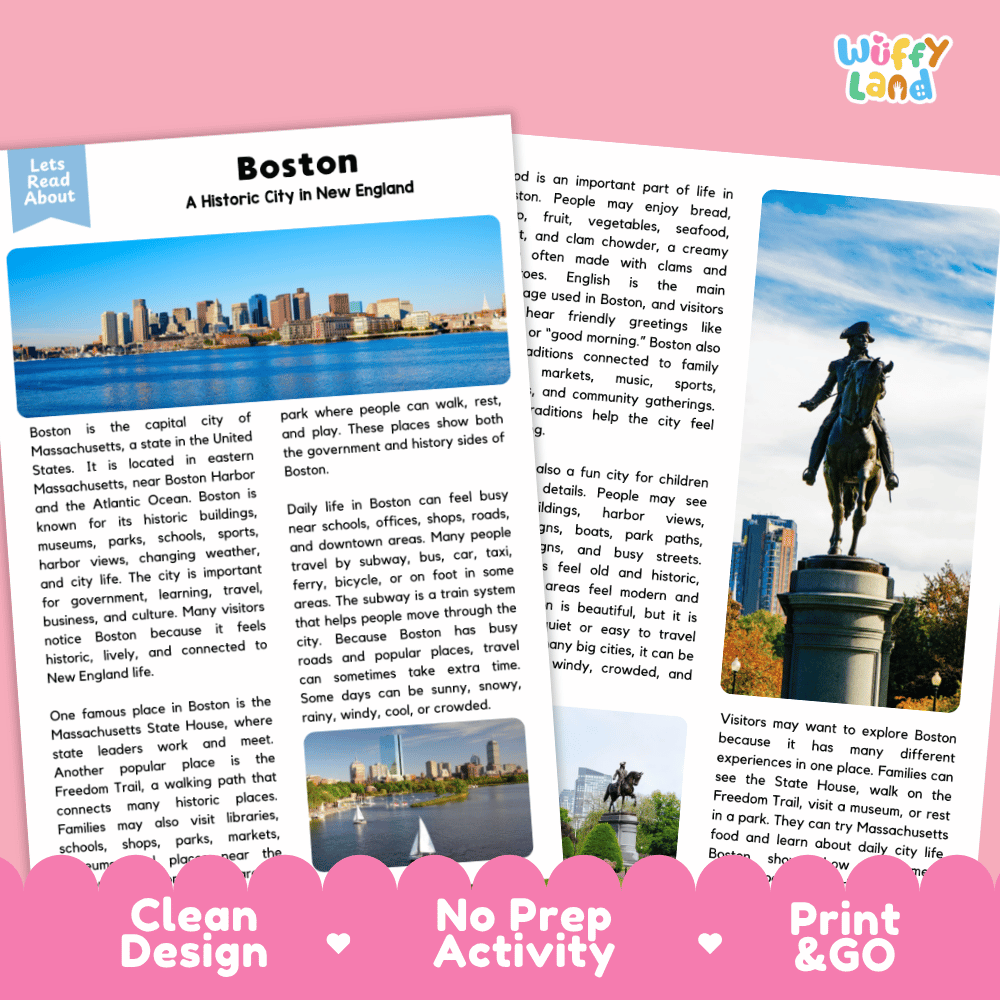 Reference sheet and answer key for Boston landmark reading passage displaying completed comprehension answers and United States geography facts