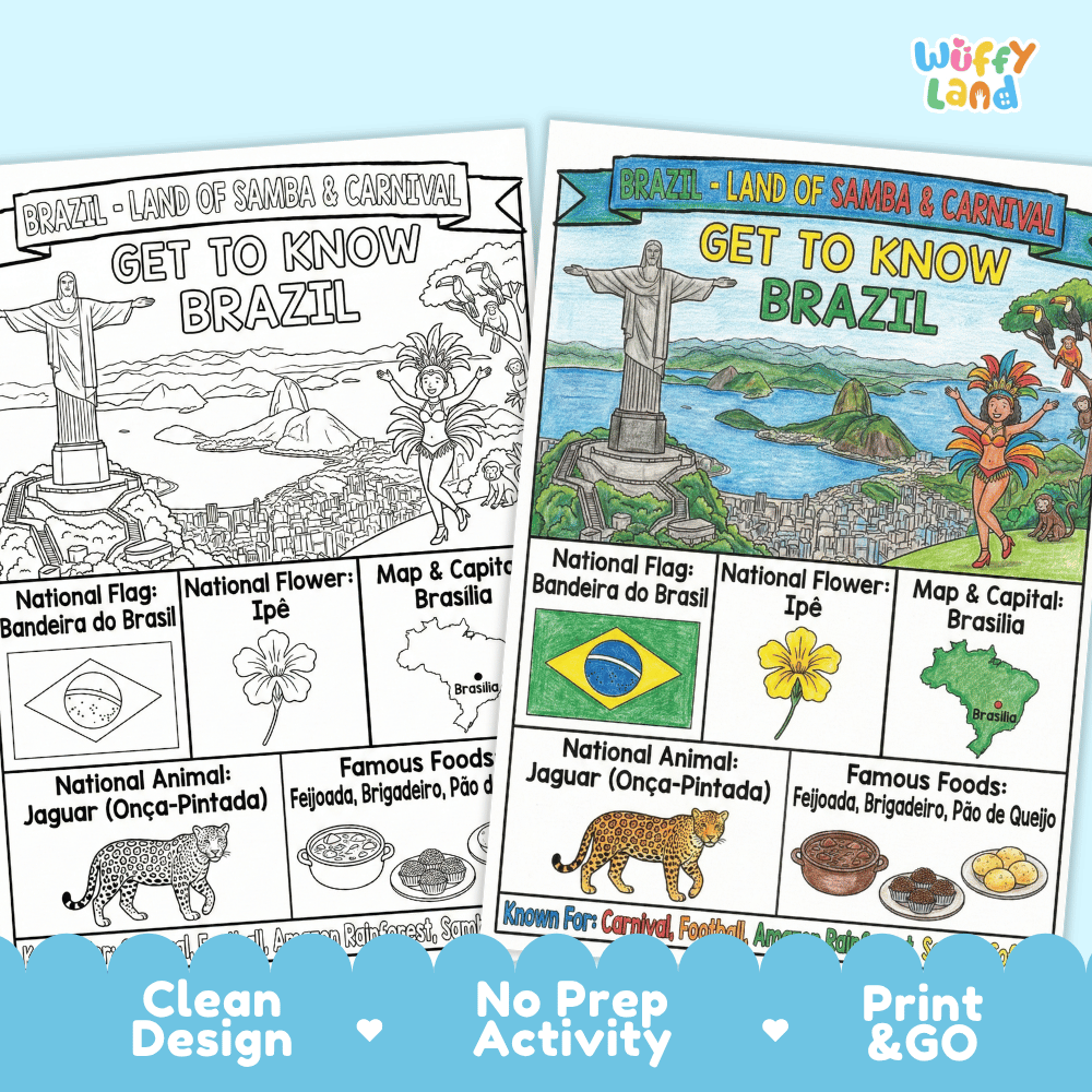 Brazil Geography Coloring Poster and Fact Sheet Printables