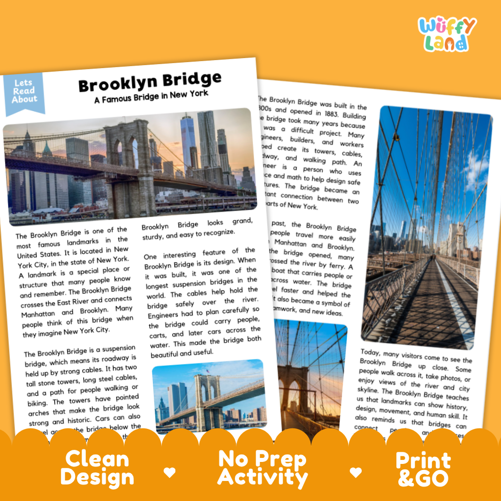 Two printed activity sheets about Brooklyn Bridge in New York City, shown on a light gray background with a blue 'Wuffly Land' logo in the top right. The sheets feature text, photos of the bridge, and a blue header reading 'Let's Read About Brooklyn Bridge: A Famous Bridge in New York City.
