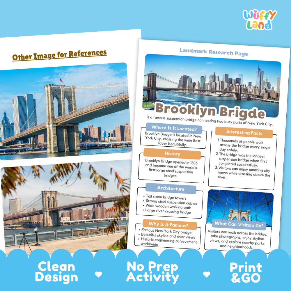 Brooklyn Bridge Landmark Research Project Worksheets and Fact Page Activity