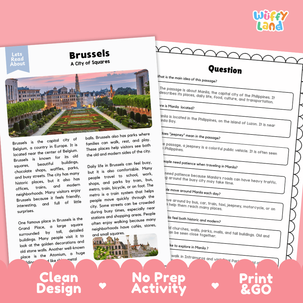 Reference sheet and answer key for Brussels landmark reading passage displaying completed comprehension answers and European geography facts