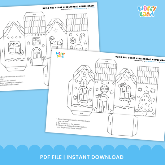 Printable gingerbread house craft templates with cut-and-fold panels, decorations, glue tabs, scissors, crayons, and six different house designs for kids to build and color