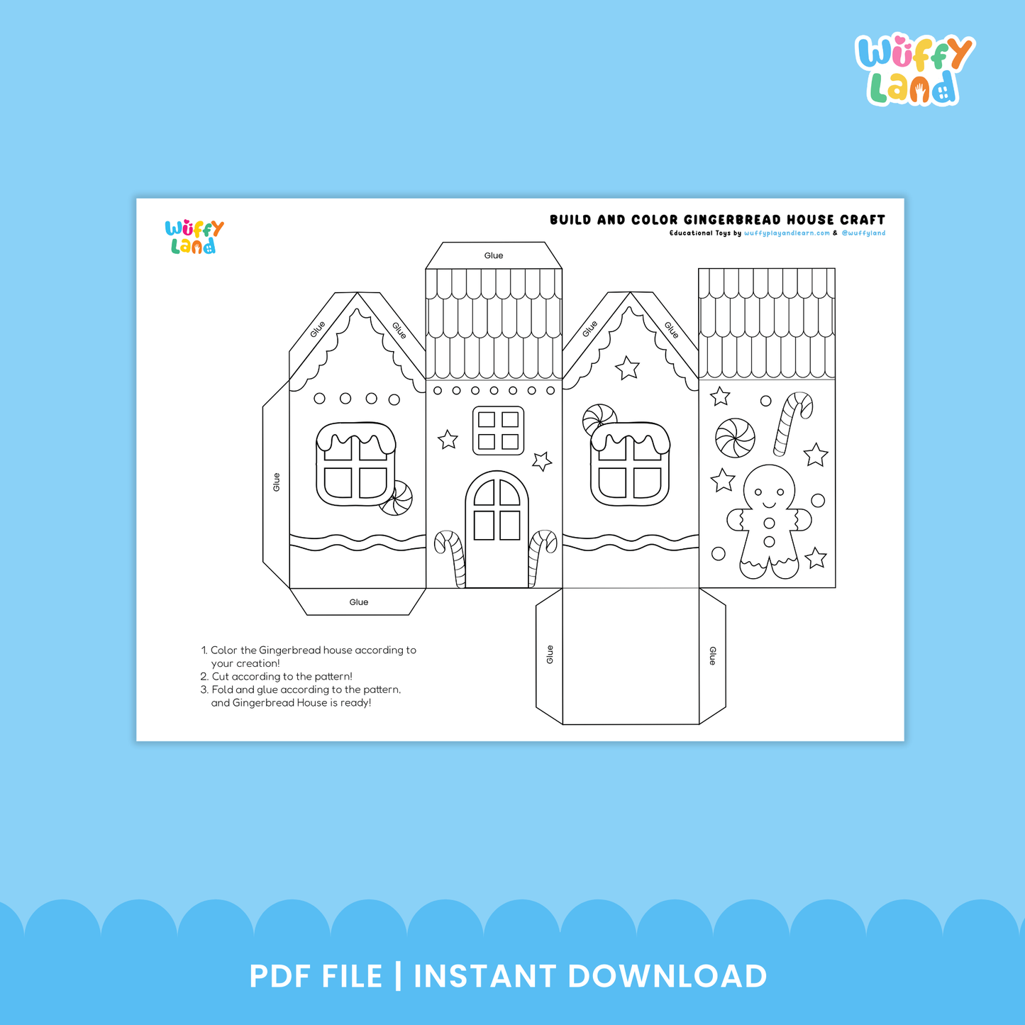 Printable gingerbread house craft templates with cut-and-fold panels, decorations, glue tabs, scissors, crayons, and six different house designs for kids to build and color.