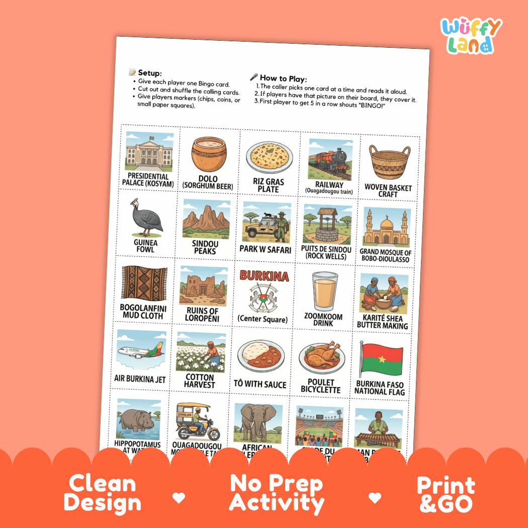 Burkina Faso Geography BINGO Games Printable Country Study Activity Cards