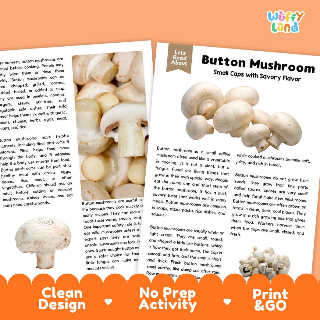 Teacher answer key page showing complete question solutions for button mushroom reading comprehension practice