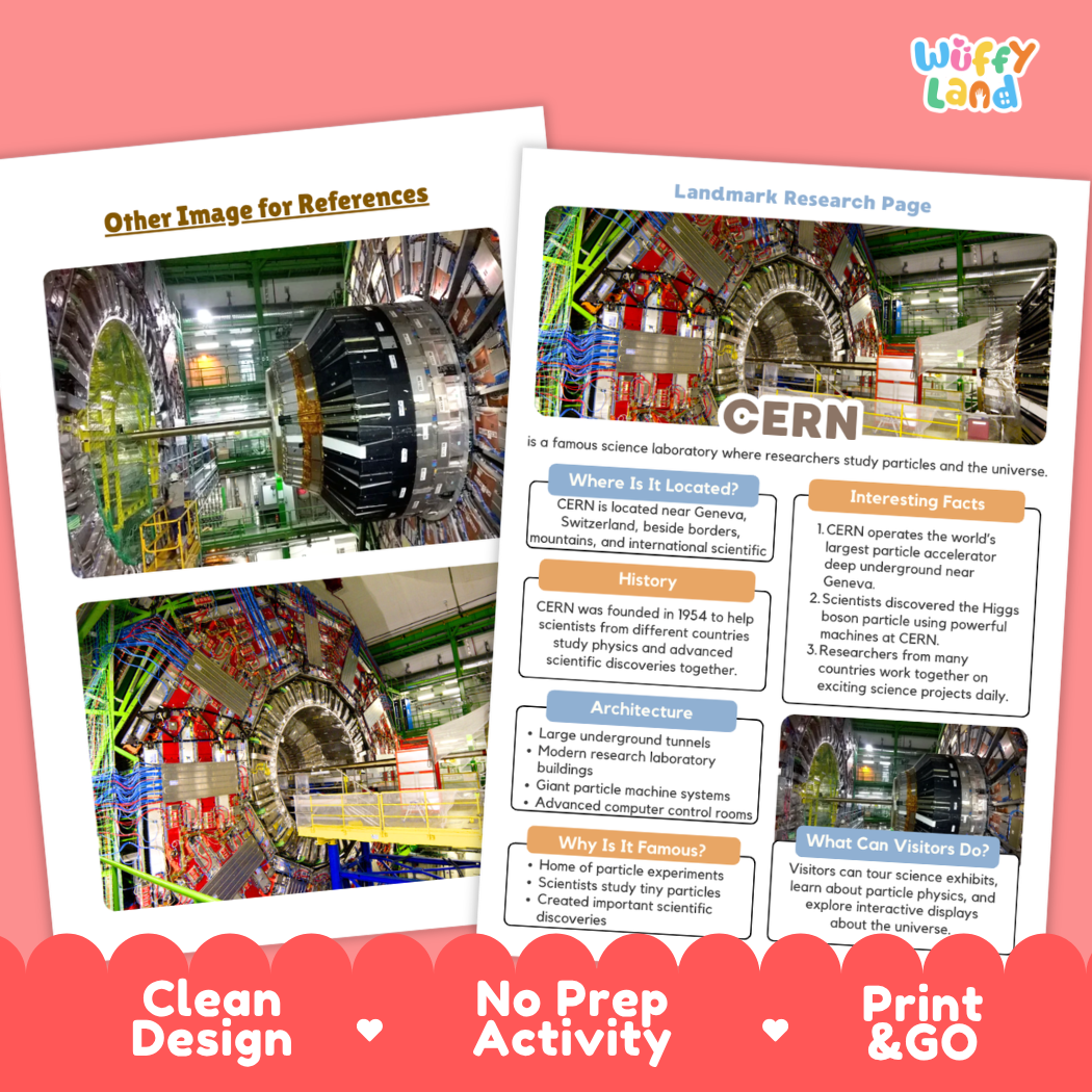 Two printed CERN-themed worksheet pages shown on a pink background, with the left page titled 'Other Image for References' featuring a large CERN interior photo, and the right page titled 'Landmark Research Page' with text sections about CERN. The brand name 'Wiffy Land' appears in the top right corner.